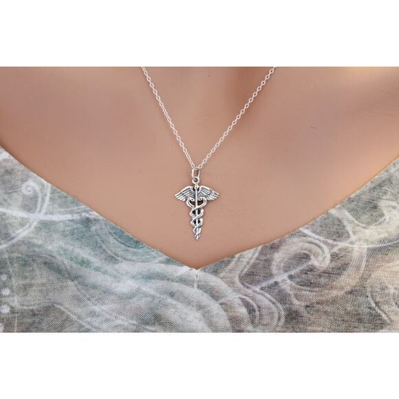 Sterling Silver Medical Staff Charm Necklace, Medical Staff Pendant Necklace - Picture 1 of 3